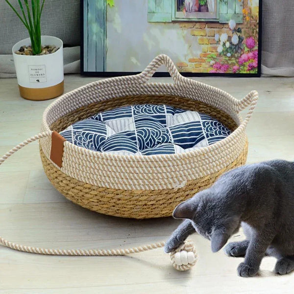Woven Summer Cat Bed - Removable Rattan Sleeping House