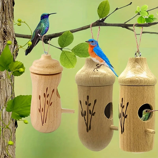 Wooden Hanging Hummingbird House - Chalet Style Garden Nest