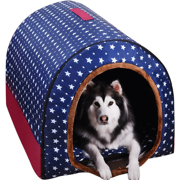 Star Print Foldable Dog House Bed - Warm Pet Kennel Mat