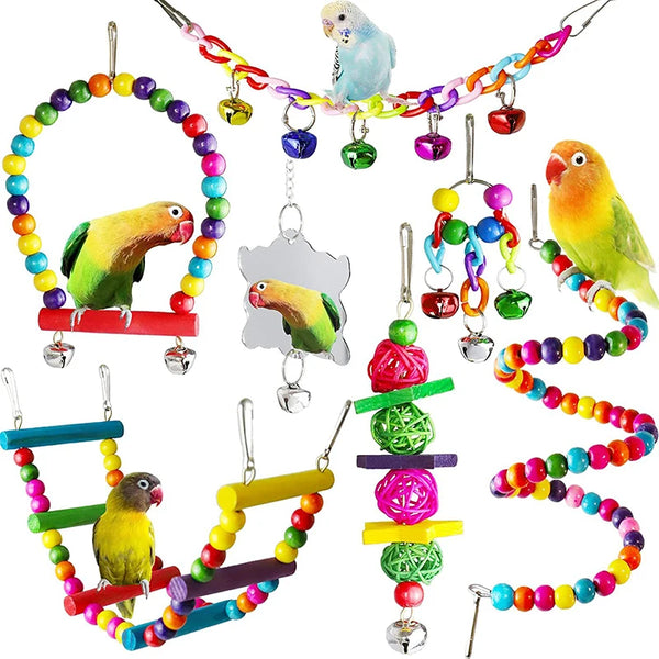 7-Piece Wooden Parrot Toy Set - Swing, Bridge & Bell Cage Accessories