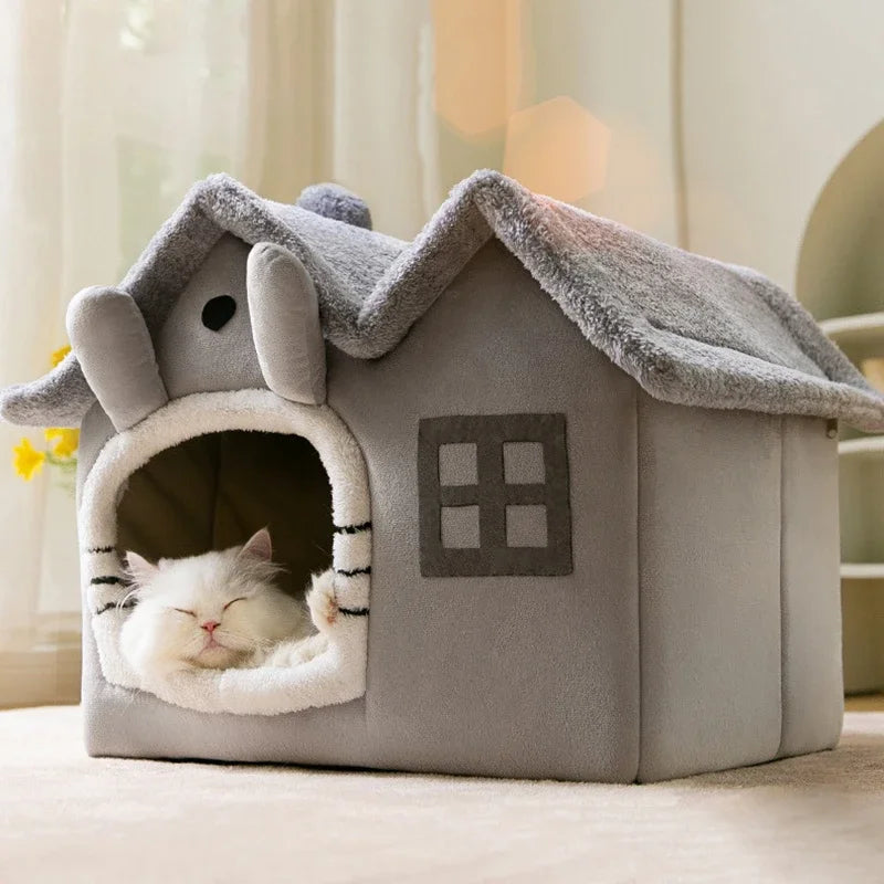 Foldable Cat Cave Bed - Warm Winter House for Small Pets