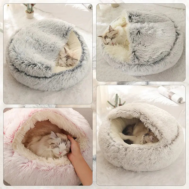 Round Plush Pet Cave Bed - Covered Warm Nest for Small Pets