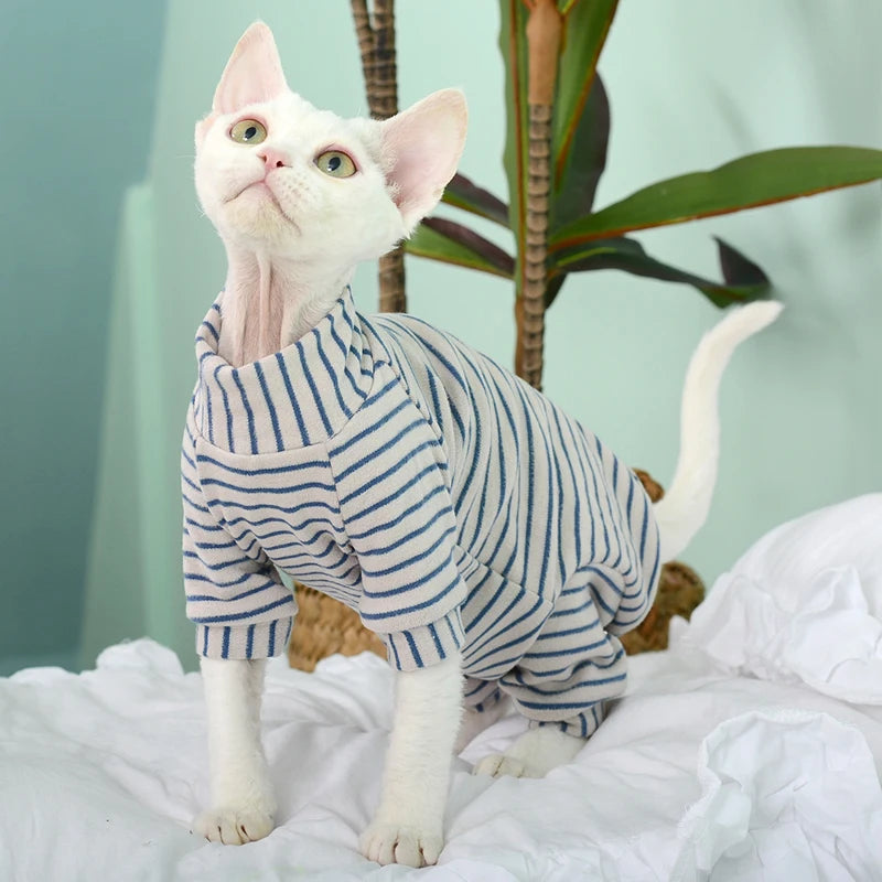 Green Striped Sphynx Cat Jumpsuit - Soft Four-Legged Loungewear