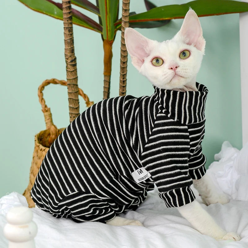 Green Striped Sphynx Cat Jumpsuit - Soft Four-Legged Loungewear