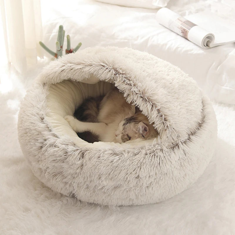 Round Plush Pet Cave Bed - Covered Warm Nest for Small Pets