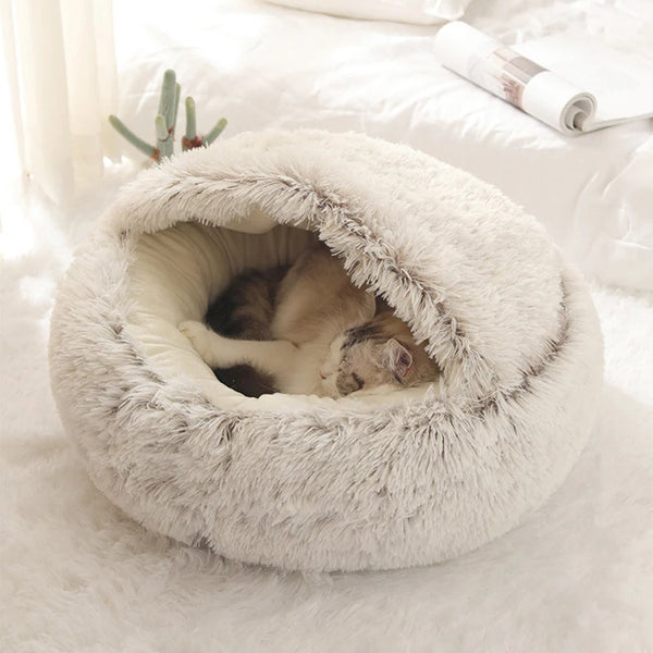 Round Plush Pet Cave Bed - Covered Warm Nest for Small Pets