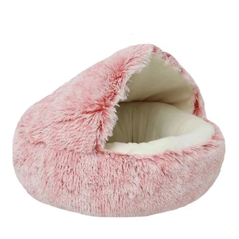 Round Plush Pet Cave Bed - Covered Warm Nest for Small Pets