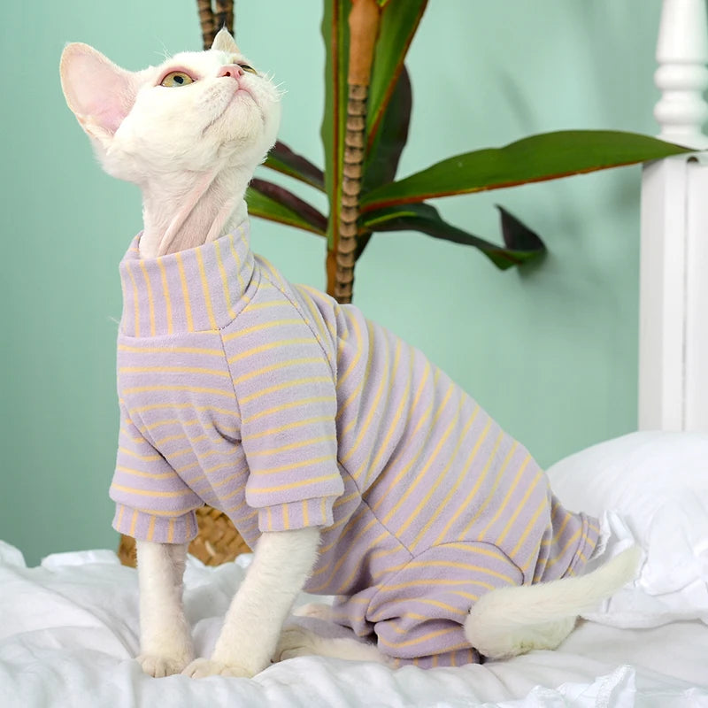 Green Striped Sphynx Cat Jumpsuit - Soft Four-Legged Loungewear