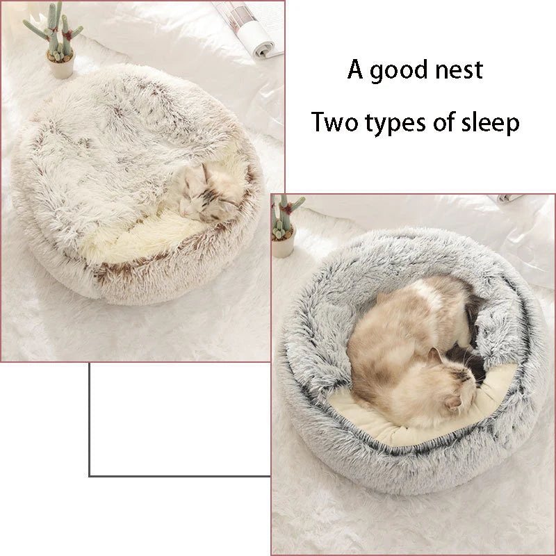 Round Plush Pet Cave Bed - Covered Warm Nest for Small Pets