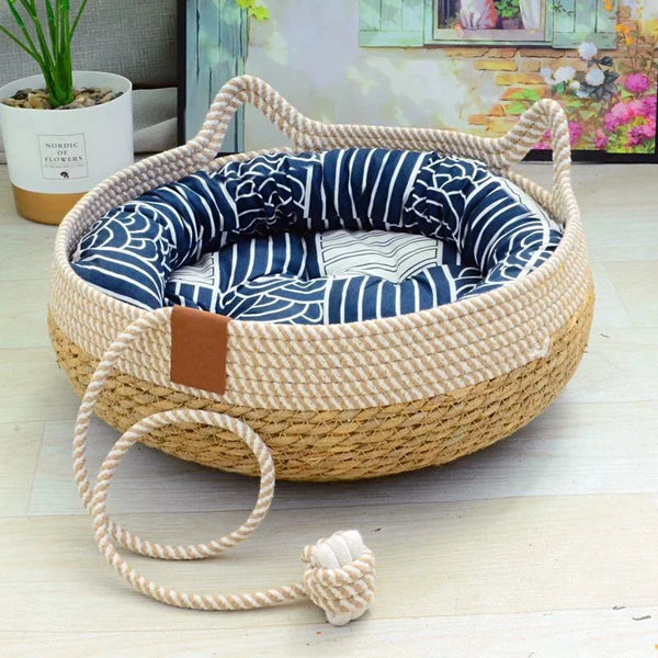 Woven Summer Cat Bed - Removable Rattan Sleeping House