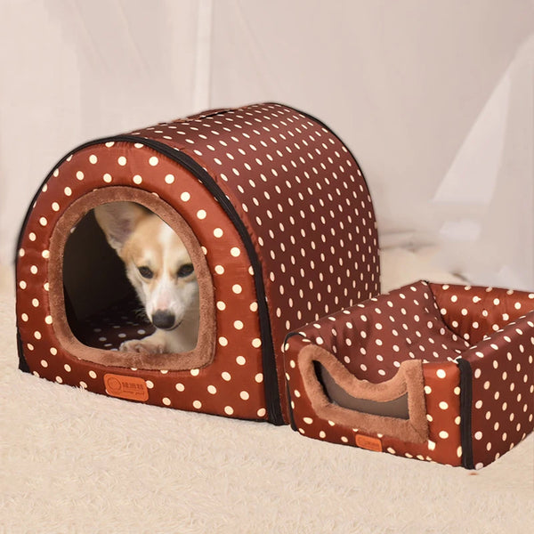 Star Print Foldable Dog House Bed - Warm Pet Kennel Mat