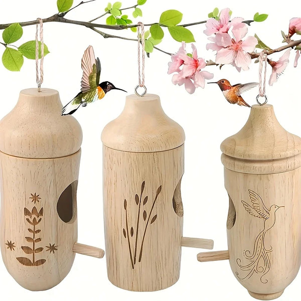 Wooden Hanging Hummingbird House - Chalet Style Garden Nest