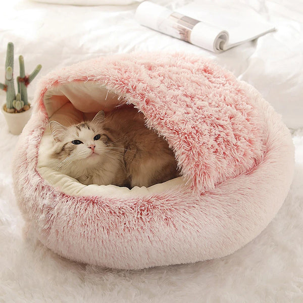 Round Plush Pet Cave Bed - Covered Warm Nest for Small Pets