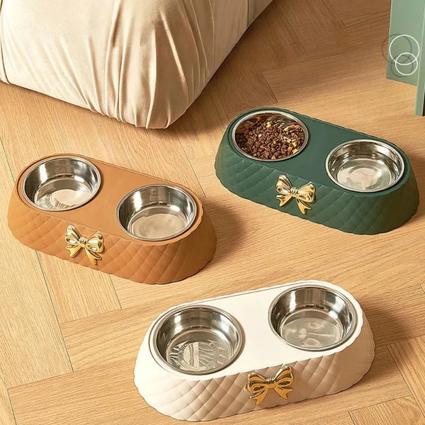 Bowtie Double Pet Bowl for Food & Water - Cute Dual Feeder