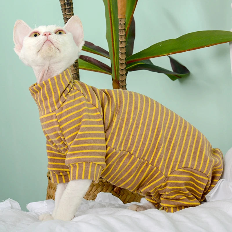 Green Striped Sphynx Cat Jumpsuit - Soft Four-Legged Loungewear