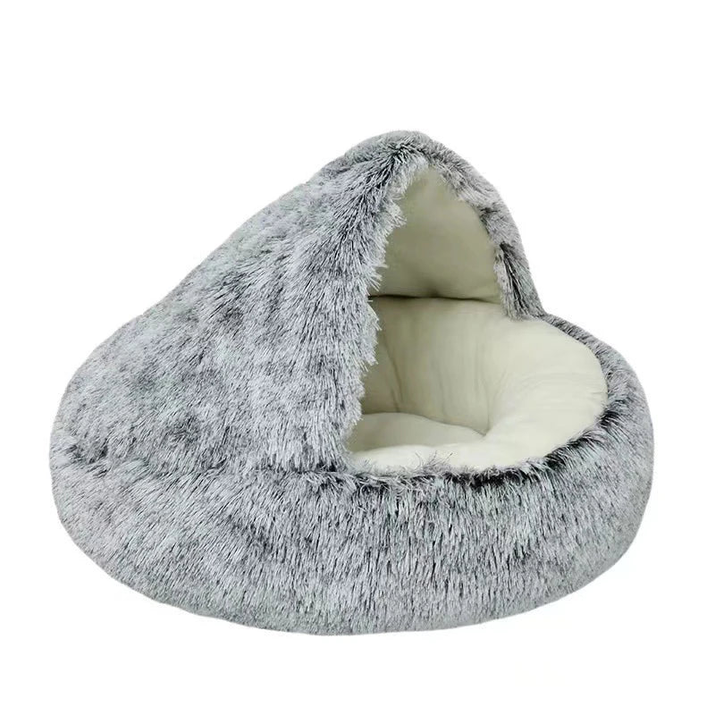 Round Plush Pet Cave Bed - Covered Warm Nest for Small Pets