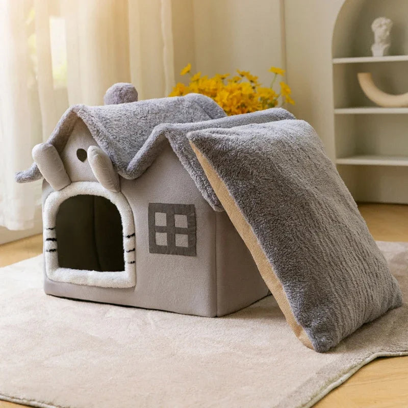 Foldable Cat Cave Bed - Warm Winter House for Small Pets